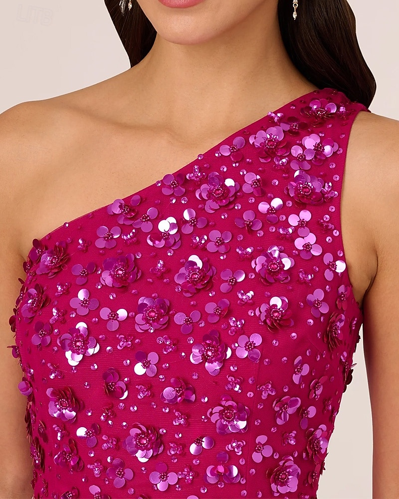 Sheath / Column Beaded Gown Celebrity Style Dress Formal Wedding Guest Floor Length Sleeveless One Shoulder Chiffon with Flowers Beading Sequin Slit 2025 - $164.99 –P5