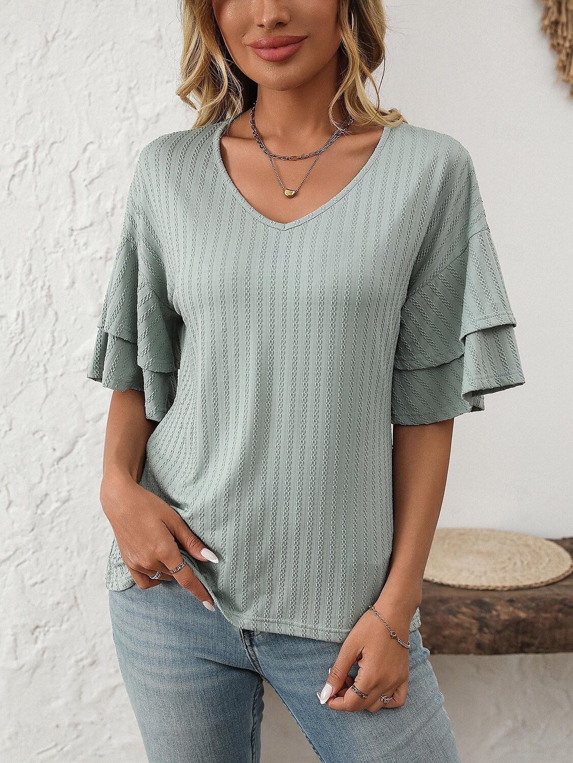 Women's T Shirt Plain Fashion Modern Short Sleeve V Neck Regular Tops Daily Ruffle Black White Wine Sky Blue Fuchsia Summer 2025 - $14.49 –P3
