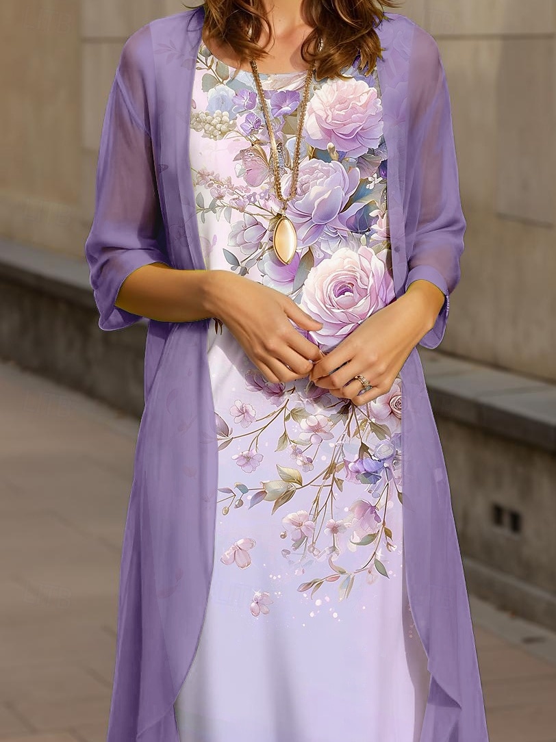 Women's Graduation Midi Dress 2 Pieces Dress Set A Line Dress Summer Dress Vacation Casual Floral Graphic Pleated Print Half Sleeve Crew Neck Vacation Daily Purple Spring Fall Regular Fit 2025 - $36.99 –P3
