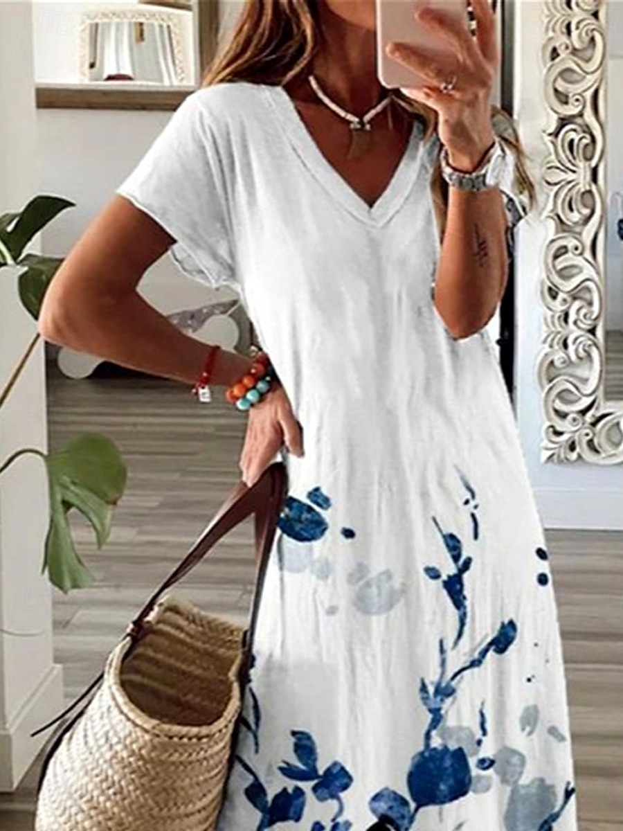 Sukienka damska maxi sukienka w kształcie litery A sukienka letnia elegancka wakacyjna casual codzienna regularny krój ombre kwiatowy graficzny krótki rękaw dekolt w serek niebieska lato wiosna jesień 2025 - $28.99 –P2