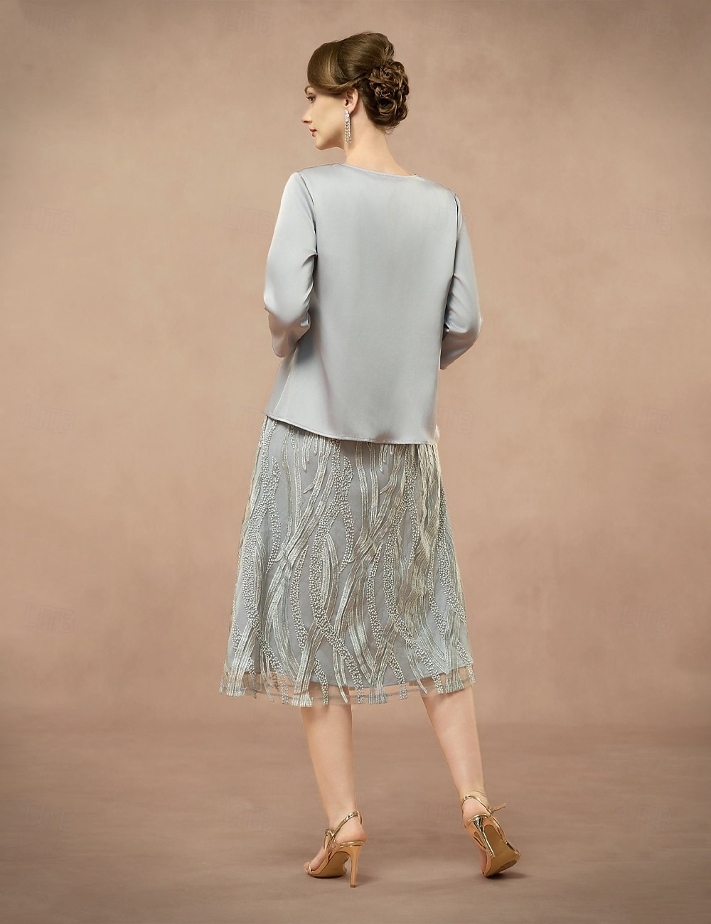 A-Line Mother of the Bride Dress Two Pieces Elegant Jewel Neck Tea Length Lace 3/4 Length Sleeve with Embroidered Lace Applique 2025 2025 - $79.99 –P2