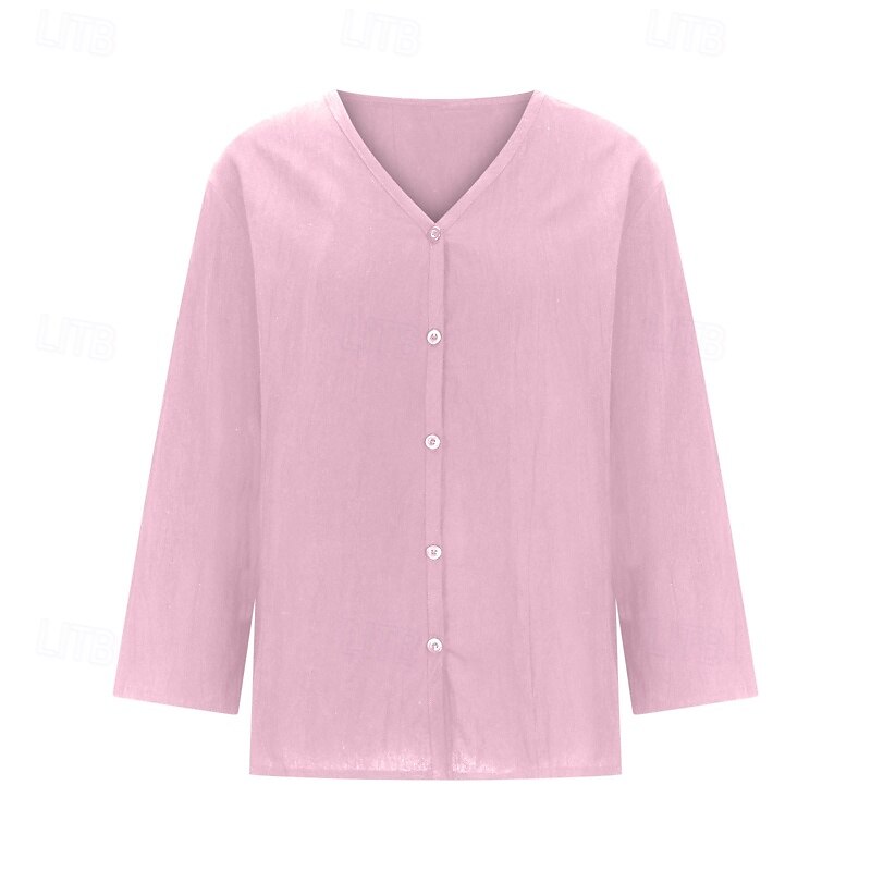 Damen Bluse Baumwoll-Leinen-Hemden Einfach Basic Modern Dreiviertelarm V Ausschnitt Normale Oberteile Täglich Ferien Ausgehen Knöpfe Schwarz Weiß Rosa Braun Aprikose Sommer 2025 - $22.99 –P17
