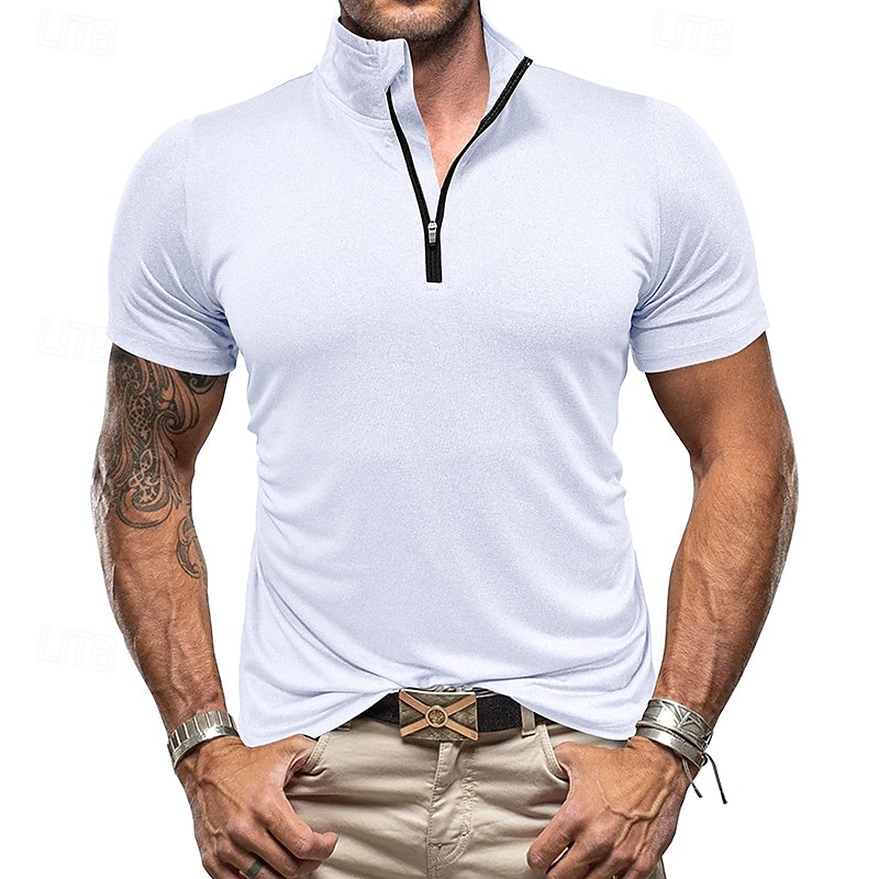 Per uomo Maglietta Manica Corta Maniche Corte Collo alla coreana Zip a un quarto Estate Primavera Tinta unica Semplice Sport Essenziale Con zip Vacanza Streetwear Casuale Blu chiaro Nero Bianco del 2025 a $20.99 –P12