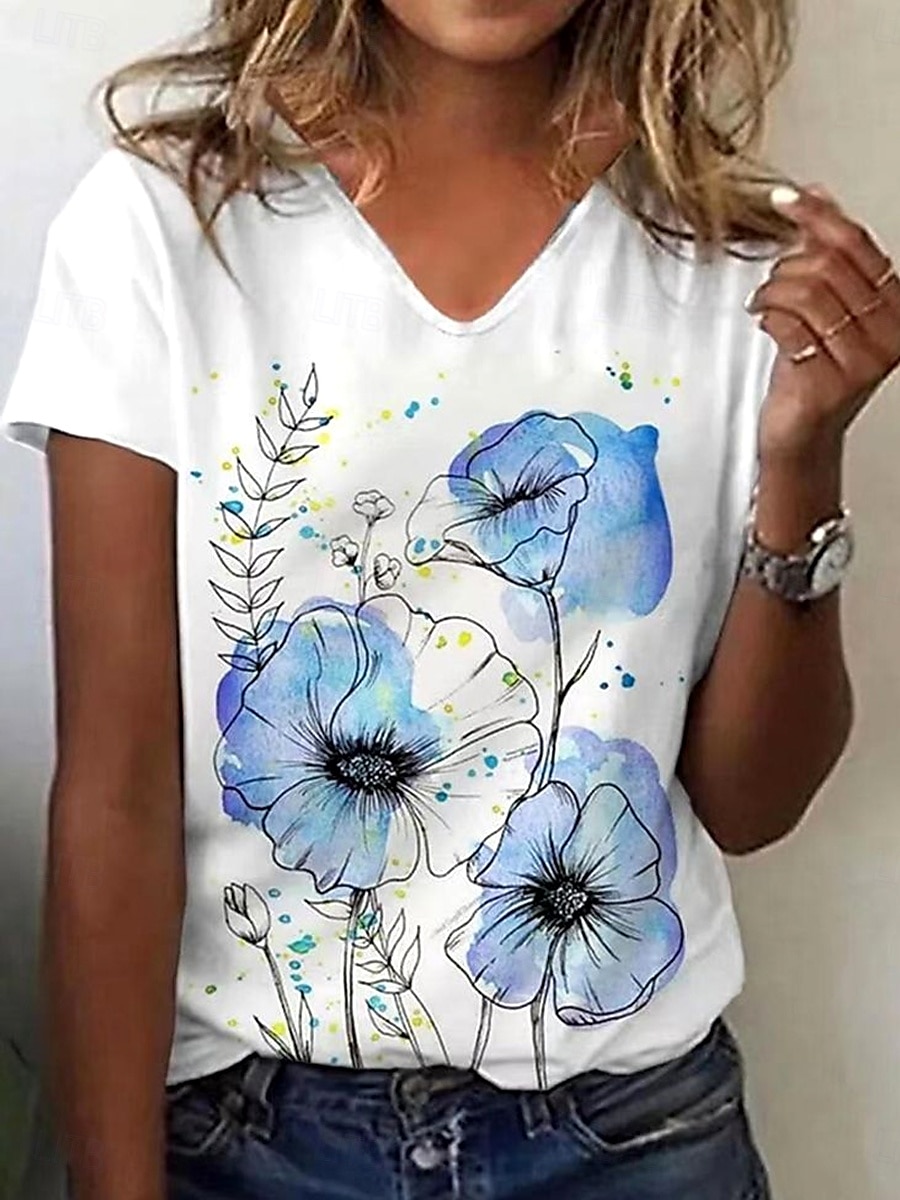 Damen T Shirt Blumen Grafik Bohemien Mode Strand Langarm V Ausschnitt Normale Oberteile Täglich Sport Ausgehen Druck Leicht Blau Sommer Frühling 2025 - $19.99 –P1