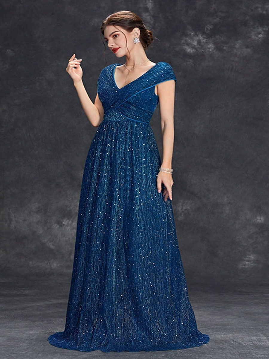 Dress Mother of the Bride Dress Elegant Party V Neck Floor Length Chiffon Polyester Short Sleeve with Sequin 2025 - $89.99 –P6