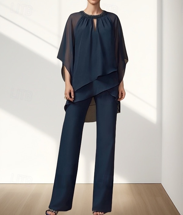 Ensemble deux pièces combinaison  ensemble de pantalons robe pour mère de la mariée invitée de mariage élégante col rond longueur de sol chiffon manches 3/4 avec perles froncées de 2025 ? $144.99 –P3
