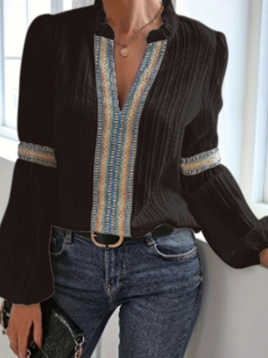Kvinne Bluse Grafikk Elegant Søt Stilfull Lange Ermer V-Hals Vanlige Topper Daglig Ferie Patchwork Svart Himmelblå Grønn Aprikos Sommer Vår 2025 - $29.99 –P4