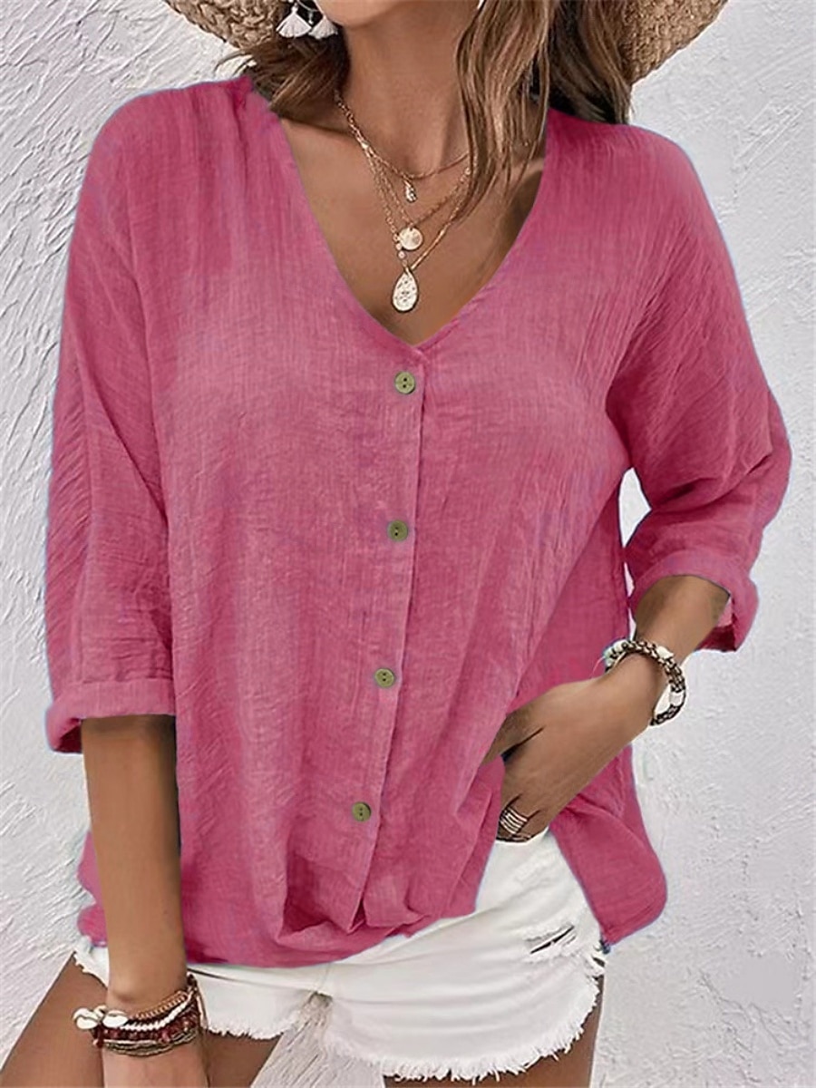 Damen Hemd Baumwoll-Leinen-Hemden Knopfleiste Bluse Einfach Basic Modern Langarm V Ausschnitt Normale Oberteile Täglich Ferien Knöpfe Rosa Blau Purpur Grün Khaki Sommer 2025 - $13.99 –P12