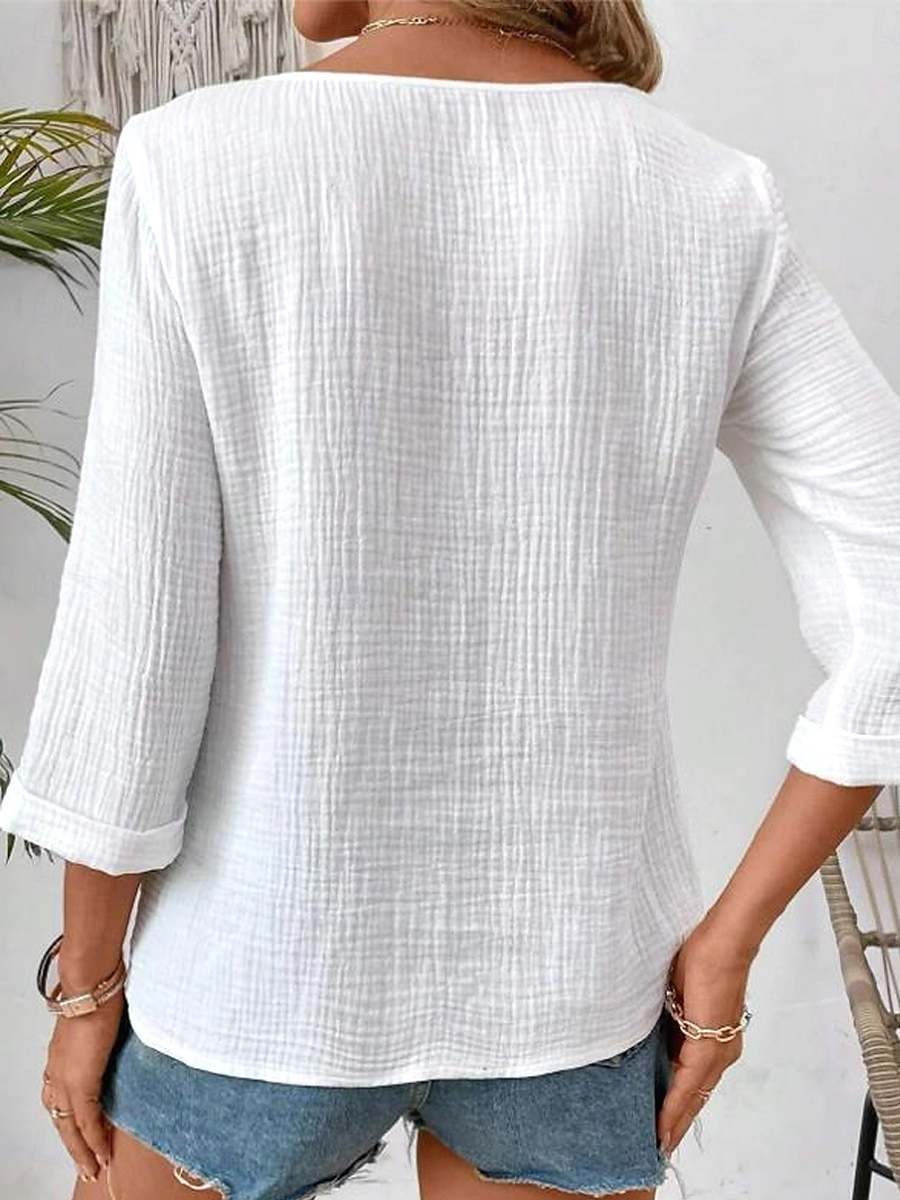 Blouse pour femmes Florale Léopard Élégante Lin comme Manches 3/4 Col en V Tops réguliers Quotidien Sortie Imprimé Blanc Été de 2025 ? $23.99 –P2