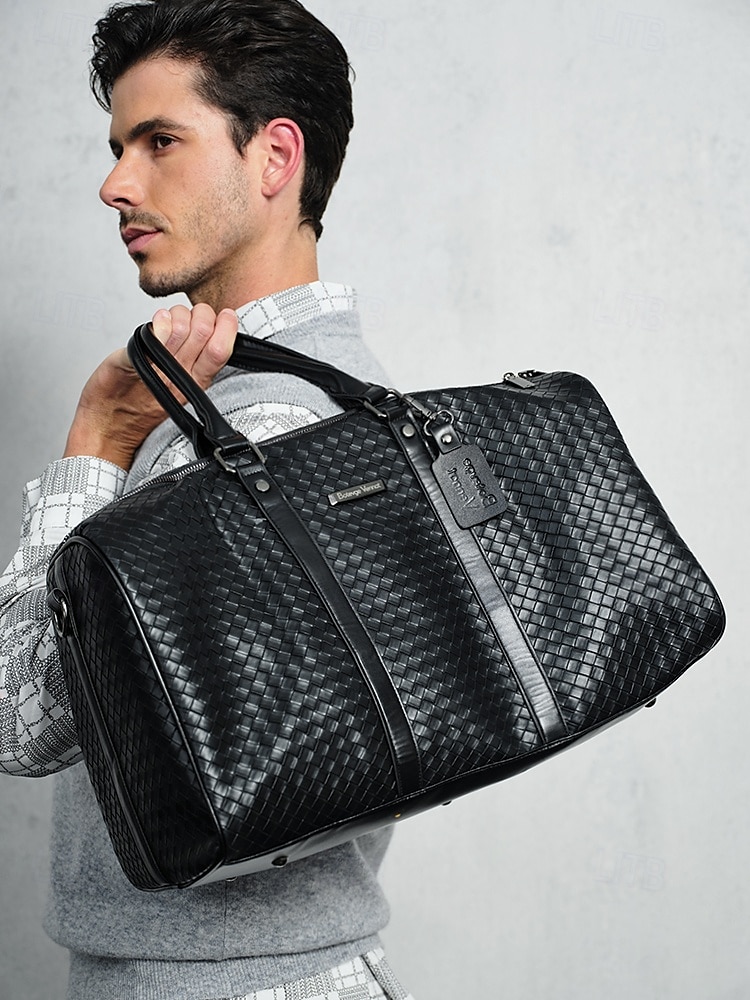 Men's Black Woven Leather Duffel Bag – Stylish Weekender Travel Bag, Large Capacity Overnight Bag, Luxury Handbag for Business & Gym 2025 - $42.99 –P2