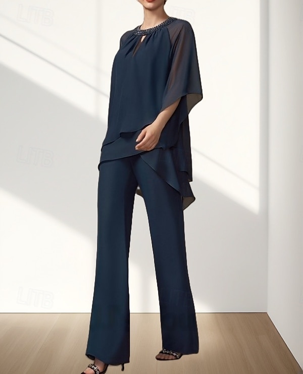 Ensemble deux pièces combinaison  ensemble de pantalons robe pour mère de la mariée invitée de mariage élégante col rond longueur de sol chiffon manches 3/4 avec perles froncées de 2025 ? $144.99 –P1