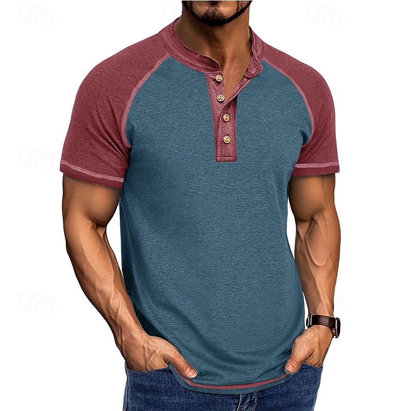 2026年 男性用 ヘンリーシャツ ティートップ ベースボールTシャツ 半袖 カラーブロック ファッション デザイナー ラグランスリーブ ヘンリー バケーション ストリート お出かけ 夏 ダークグレー ブラック グレー ヘンリーTシャツ  コレクション – $21.99 –P8