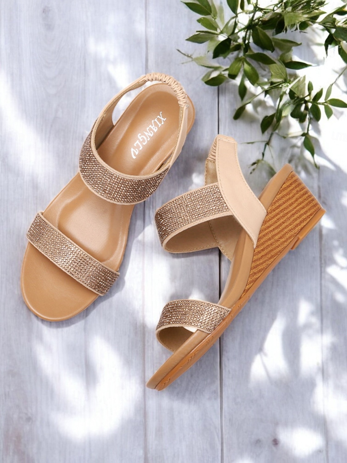 damskie sandały na koturnie z kryształkami – brązowe, odkryte palce, elastyczne paski, wygodne buty na lato, okazje codzienne i eleganckie 2026 - $34.99 –P2