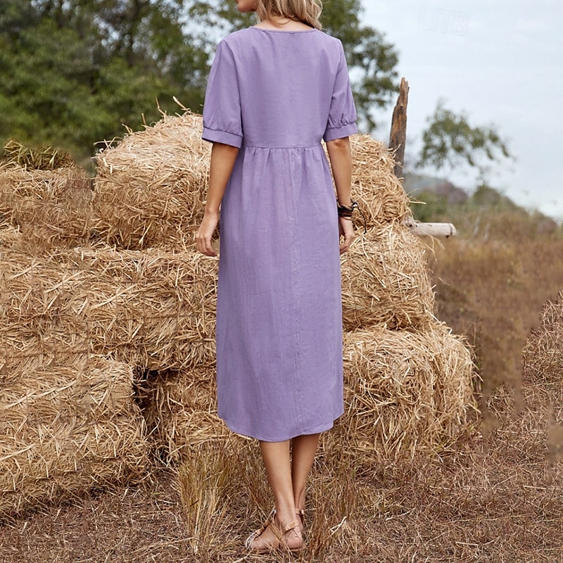 Femmes Robe Midi Robes inspirées du lin Robe Décontractée Robe en coton et lin Mode Basique Extérieur Quotidien Fête Coupe régulière Uni Manche Courte Col ras du cou Vert Claire Vert Véronèse Violet de 2025 ? $28.99 –P5