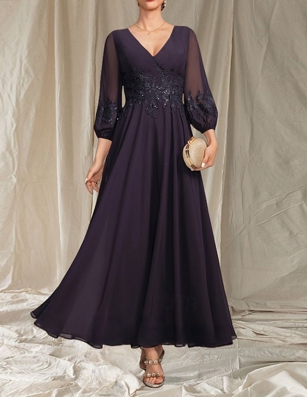 Robe Mère de la Mariée A-Line Invité de Mariage Élégante Col en V Mi-Longue en Chiffon À Manches Longues avec Perles Appliques Robe Midi 2025 de 2025 ? $184.99 –P1