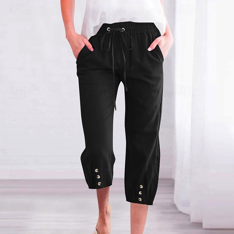 Mulheres Calças Capri Calças de linho de algodão Calças Roupa de rua Casual Comprimento da panturrilha Cintura Alta Natural Tecido Bolsos Design de cordão elástico Respirabilidade Macio Confortável de 2025 por $17.99 –P4
