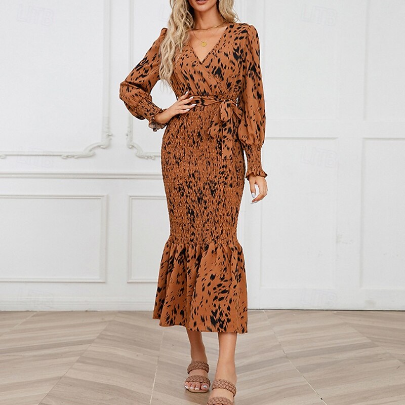 Damen Midikleid Cocktailkleid Etui-Kleid Mode Urlaub Ferien Teegesellschaft Normale Passform Leopard Langarm V Ausschnitt Schwarz Khaki Aprikose Sommer 2025 - $30.99 –P8