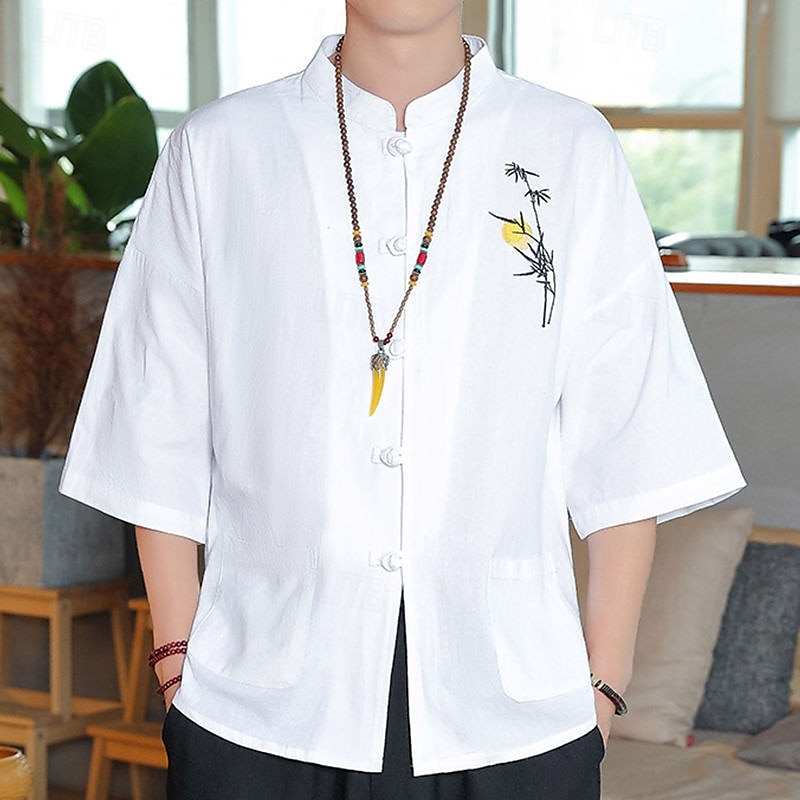 Herren Hemd Leinenhemd Freizeithemd Baumwoll-Leinen-Hemd Knopfhemd Stickerei Urlaub Straße Schwarz Weiß Dunkelmarine Blau Dreiviertelarm Stehkragen Frühling Bekleidung Button-Down 2025 - $28.99 –P1