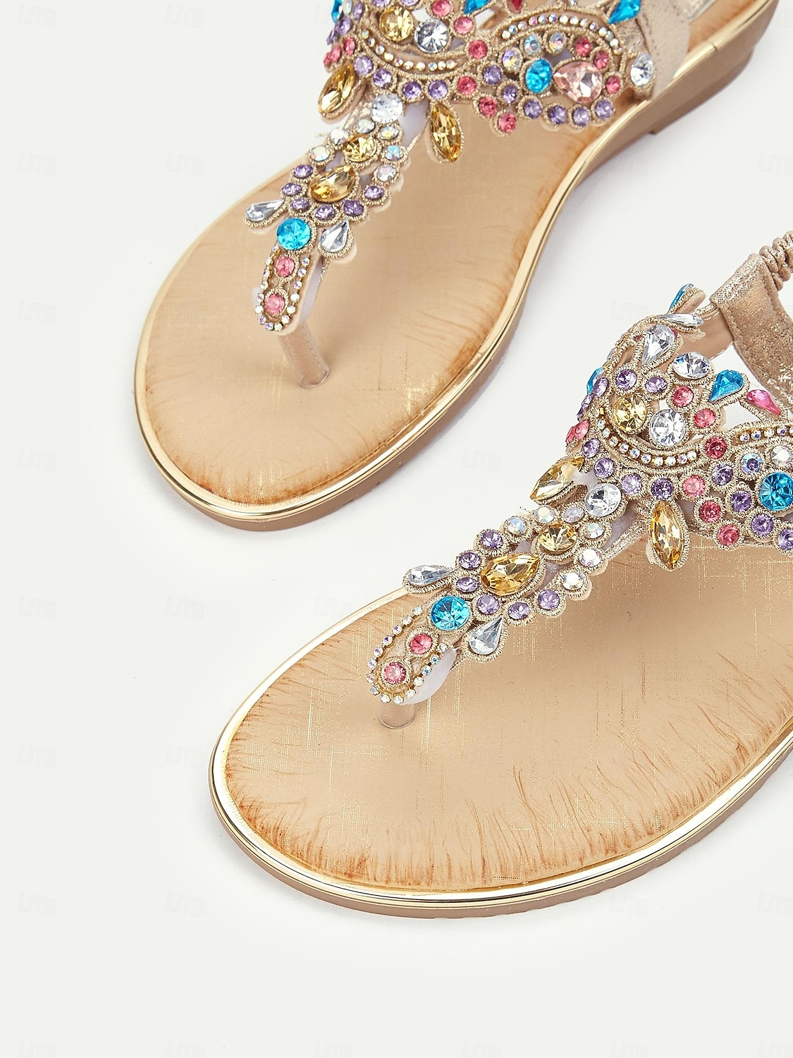 Flache Sandalen mit goldenen Strasssteinen für Damen – elegante T-Riemen-Sandalen im Bohème-Stil für den Sommer, den Strandurlaub und Freizeitausflüge 2026 - TRY 1205.66 –P4