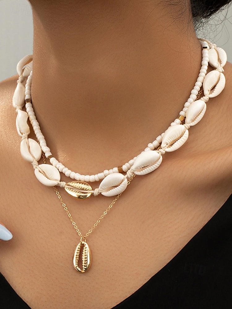 Women's Boho Cowrie Shell Necklace Set – Layered Beach Jewelry with Gold Accents, Handmade Summer Surf Choker for Vacation, Festivals & Casual Wear 2025 - $9.99 –P2