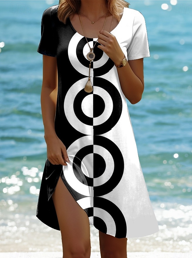 Kobiece sukienka mini sukienka T-shirt sukienka tee sukienka letnia sukienka codzienna regularna grafika geometryczna krótki rękaw okrągły dekolt czarny lato wiosna 2025 - $23.99 –P1