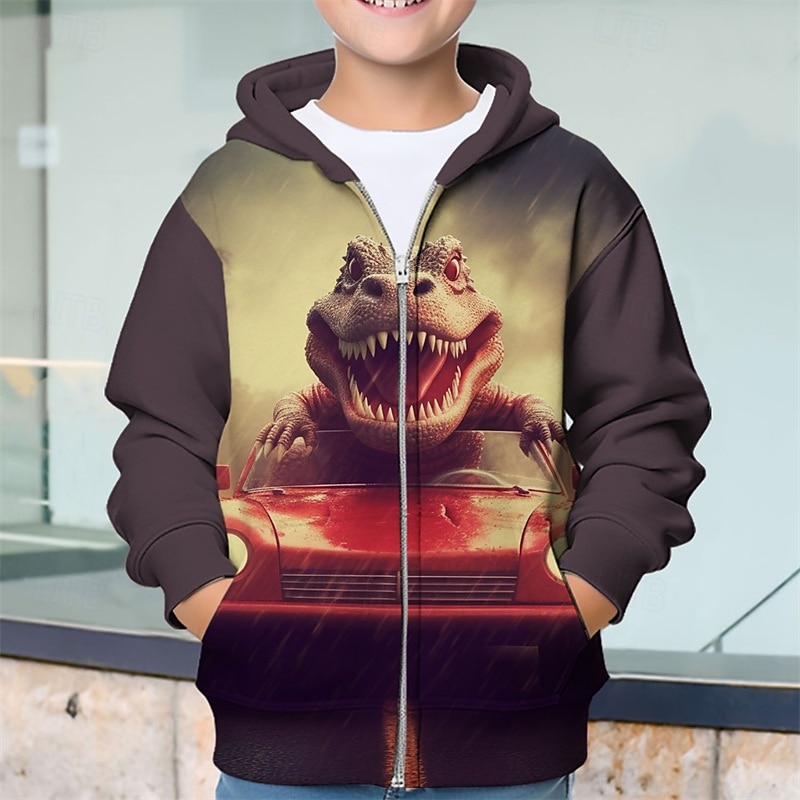 Pojkar 3D Dinosaurie Huvtröja Kappa Ytterkläder Långärmad Vår Höst Förtjusande Sport Barn 4-12 år Blixtlås Gata Dagligen Normal 2025 - $18.99 –P1