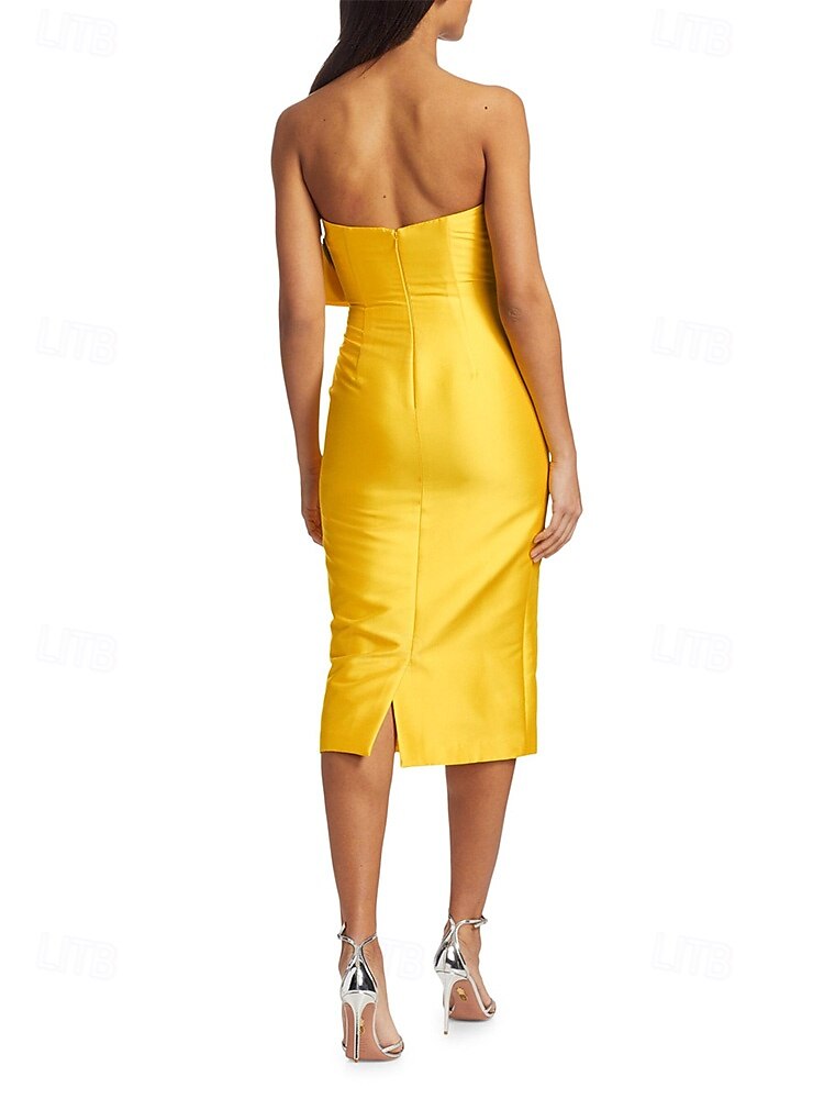 Robe cocktail fourreau  colonne robe invitée de mariage robe formelle de mariage longueur thé sans manches décolleté en V robe jaune satin avec nœud(s) de 2025 ? $155.99 –P4