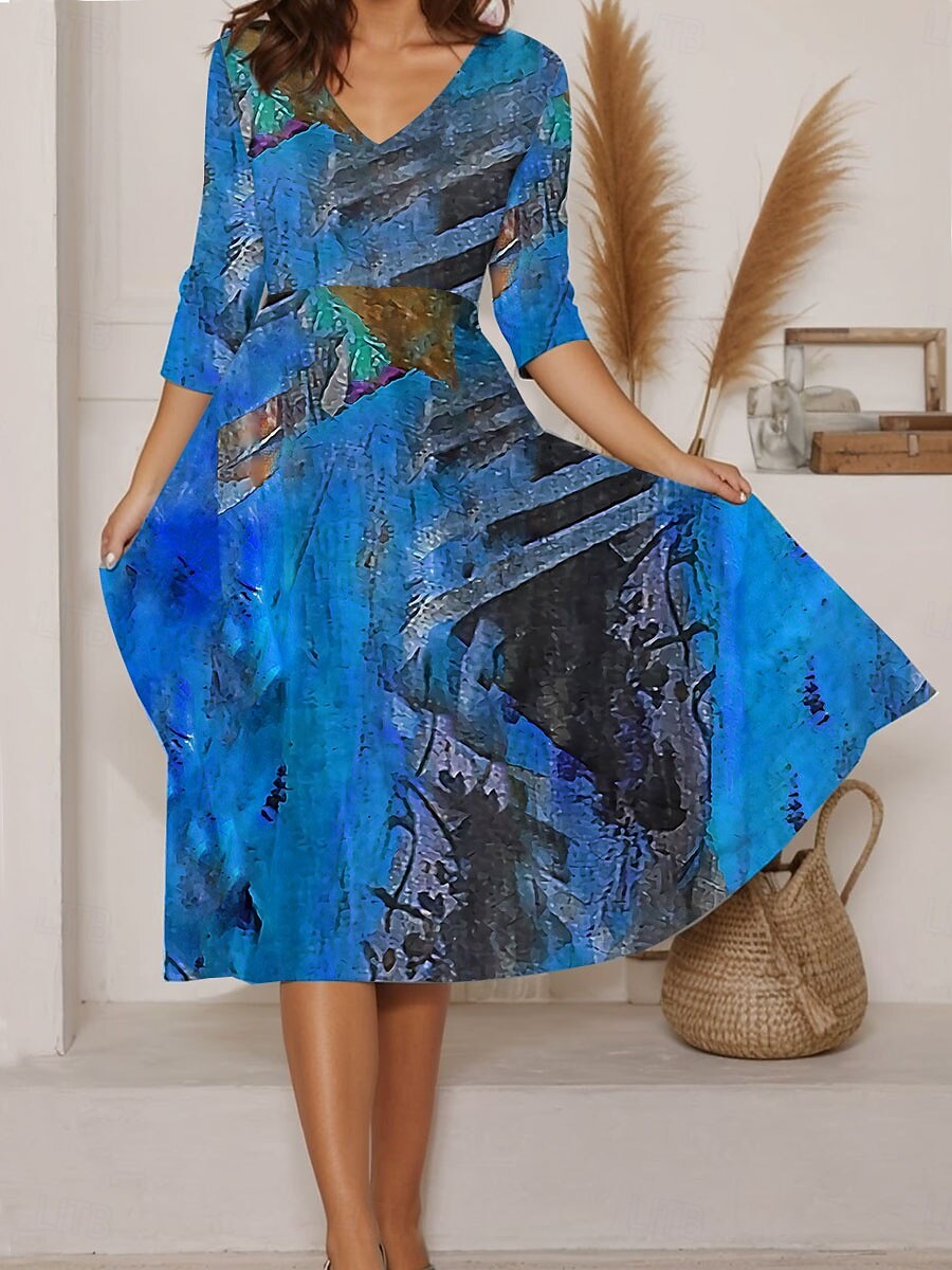 Frauen Maxi Kleid A-Linie Kleid Sommer Kleid Urlaub Lässig Alltag Reguläre Passform Grafik Abstrakt Lange Ärmel V-Ausschnitt Blau Lila Orange Sommer 2025 - $36.99 –P2