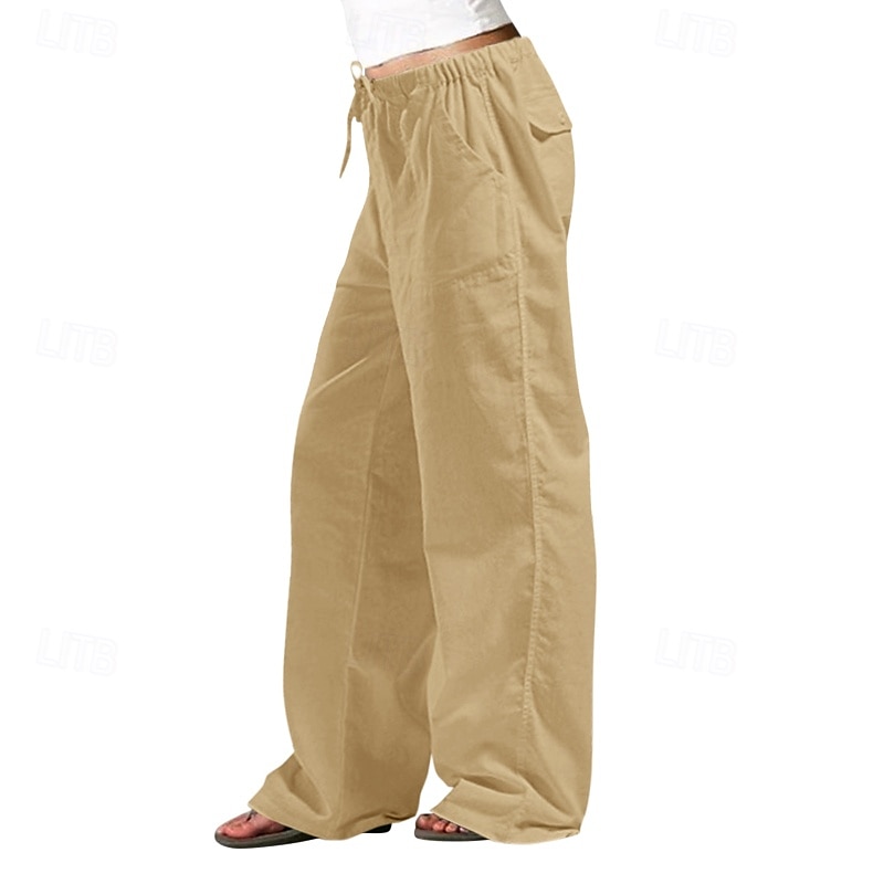 Women's Cotton Linen Pants Slacks Streetwear Casual Full Length Natural Plain Pocket Elastic Drawstring Design Outdoor Comfortable Daily Wear Going out Depression Green Dark Brown Light Sky Blue Navy 2025 - $23.99 –P13