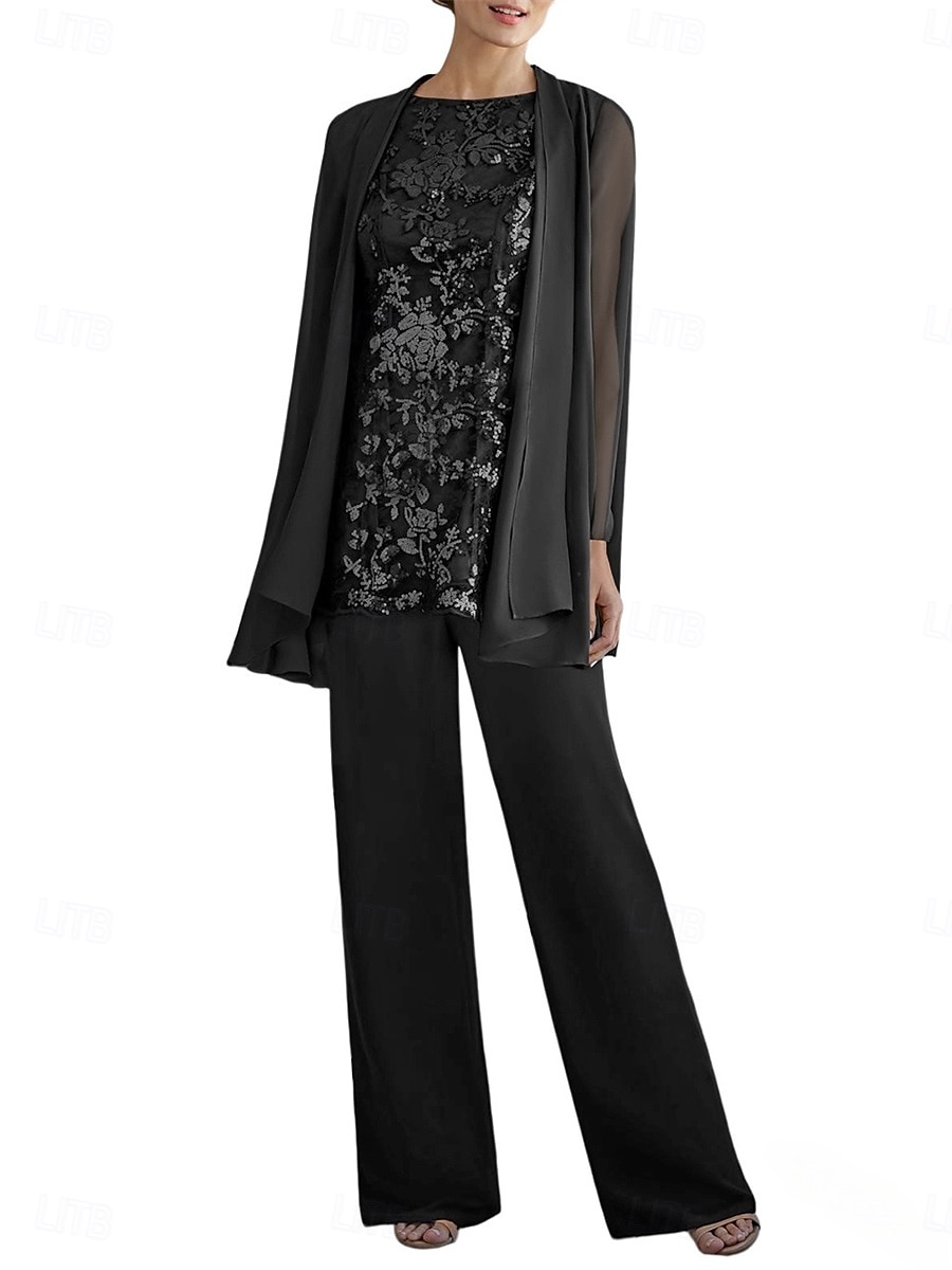 Dreiteilig Hosenanzug Brautmutterkleid Elegant Rundhalsausschnitt Bodenlang Polyester Langarm mit Perlenstickerei 2025 2025 - $99.99 –P8