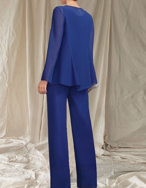 Jumpsuit / Pantsuit 3 Piece Mother of the Bride Dress Wedding Guest Elegant Crew Neck Floor Length Chiffon Long Sleeve with Beading 2025 - $143.99 –P2
