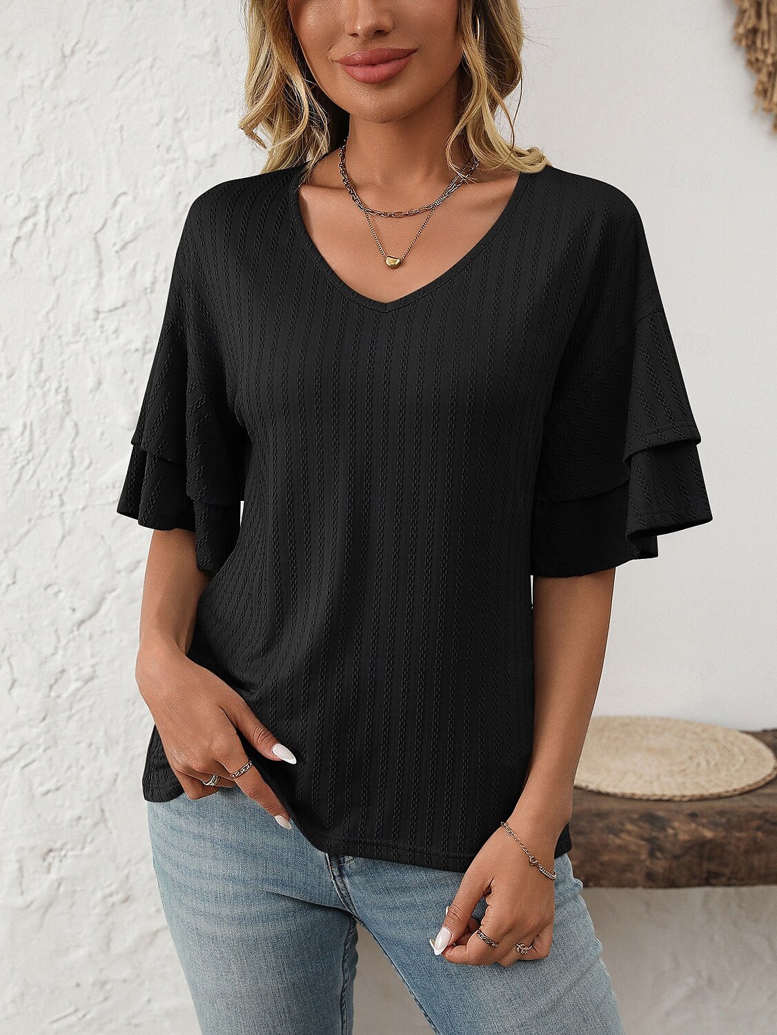Women's T Shirt Plain Fashion Modern Short Sleeve V Neck Regular Tops Daily Ruffle Black White Wine Sky Blue Fuchsia Summer 2025 - $14.49 –P13