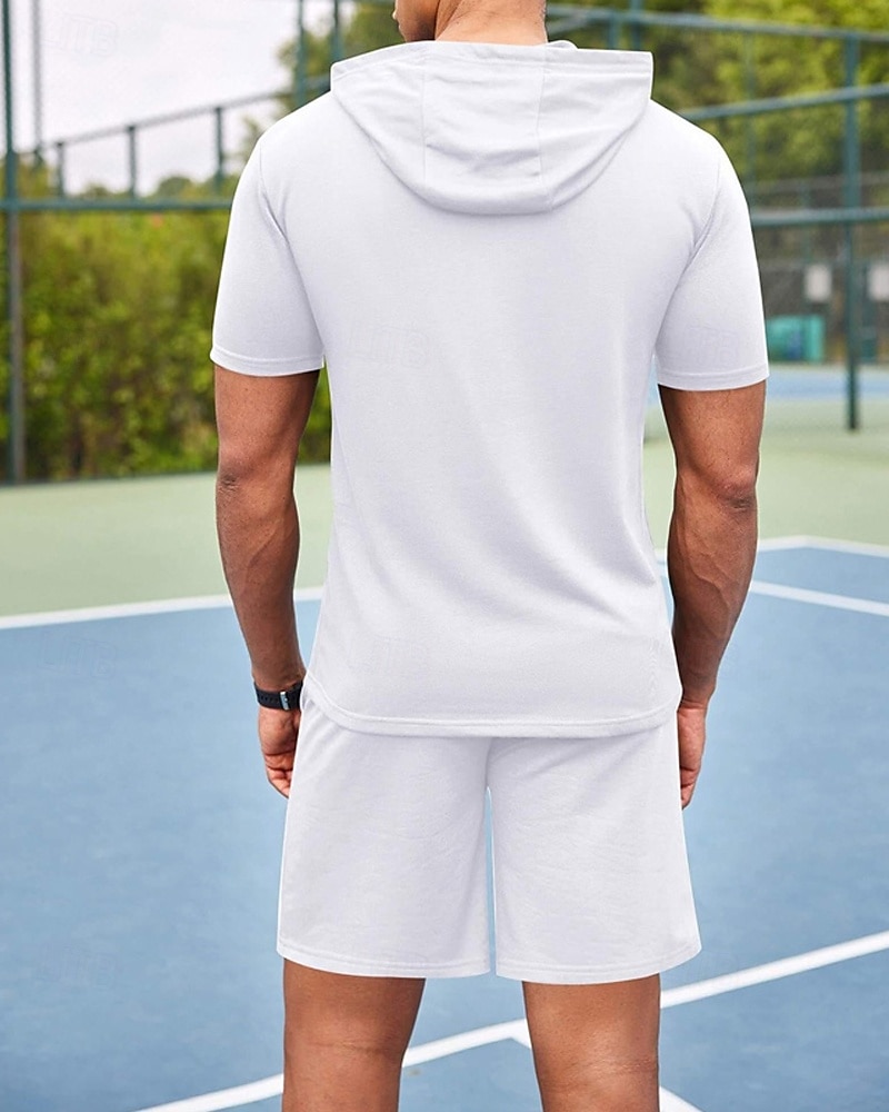Bărbați Trening Tricou și pantaloni scurți Set de ținute Hanorac cu gluga În aer liber Zilnic Sport Buzunar Cordon Simplu Roșu Vin Negru Alb Poliester Îmbrăcăminte de Sport  Șic Stradă Ușor Vară 2025 - $30.99 -P3