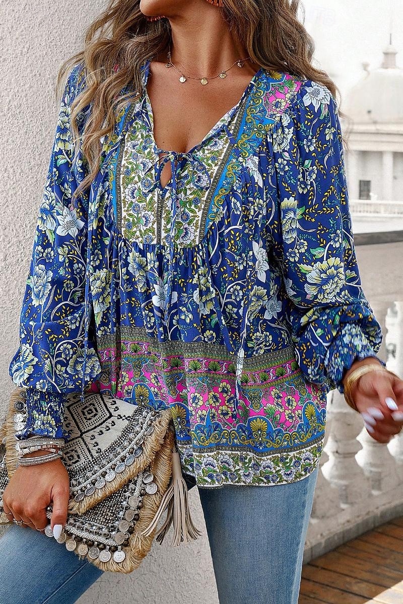 Dame Skjorte Bluse Blomsternål i krystall Daglig Stilfull Fritid Langermet V-hals Vanlige topper Daglig Ferie Trykt mønster Rosa Navyblå Blå Aprikos Vår 2025 - $29.99 –P2