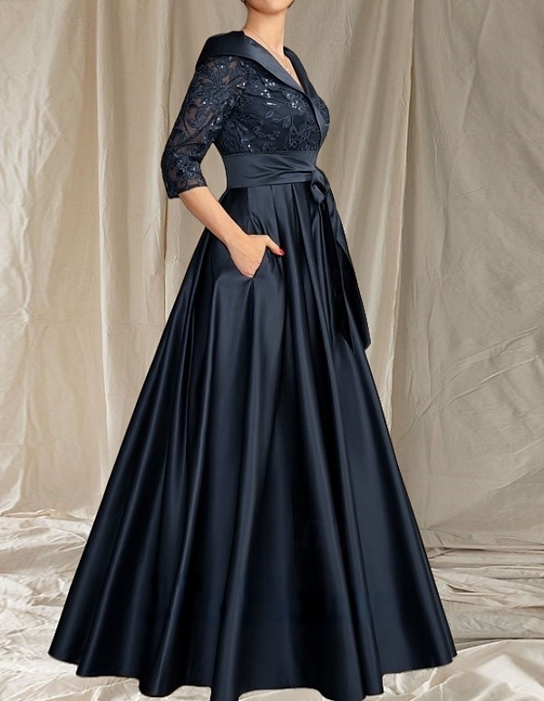 A-linjeformad Mor till Bruden Klänning Bröllop Gäst Elegant V-ringad Golvlängd Satin Spets 3/4 Längd Ärmar Med Spetsrosett Fickor 2025 - $147.99 –P3