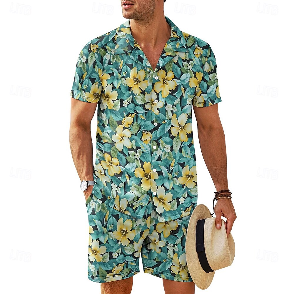 Men's Floral 2pcs Shirts Sets Shirt Short Sleeve Short Pants Cuban Collar Vacation Casual Daily Vacation Wear 3D Print Summer Robin's Egg Blue Green Brown 2025 - $32.99 –P2
