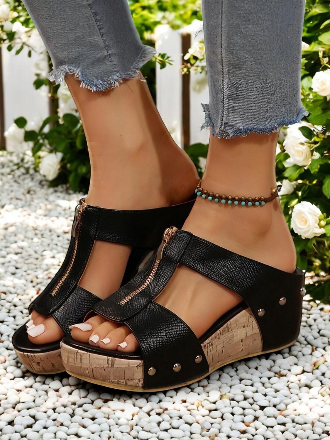 Sandalias de cuña con remaches para mujer: zapatos de plataforma de corcho con punta abierta y cierre de cremallera para uso informal y de verano 2026 - $32.99 –P1