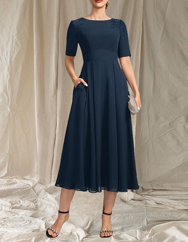 Robe Mère de la Mariée A-Line Invité de Mariage Élégante Col Arrondi Longueur Thé Chiffon Manches Courtes avec Perles Appliques Robe Midi 2025 de 2025 ? $142.99 –P1