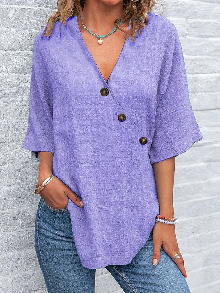 Women's Shirt Cotton Linen Shirts Plain Daily Casual Half Sleeve Butterfly Sleeve Crossover Collar Regular Tops Daily Patchwork Buttons Blue Purple Green Gray Summer Spring 2025 - $24.99 –P4