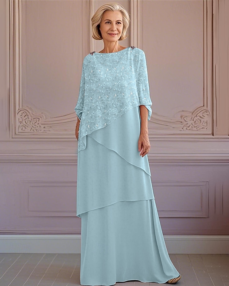 Suknia w kształcie litery A w kolorze niebiesko-zielonym z koronkowymi falbanami dla matki panny młodej Elegancka Vintage Suknia z Dekoltem w Kształcie Jewel z długością kostki Koronkowa z Pół 2025 - $178.99 –P1