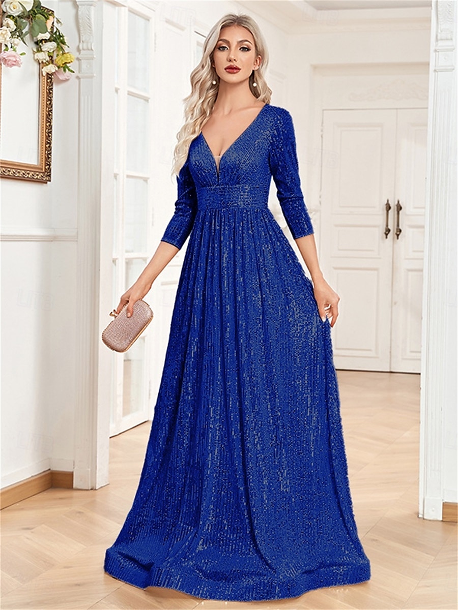 A-linjade Quinceanera Klänningar Elegant Klänning Bröllop Bröllop Gäst Golvlång 3/4 Lång Ärm V-hals Bomull med Strass 2025 - $105.99 –P11