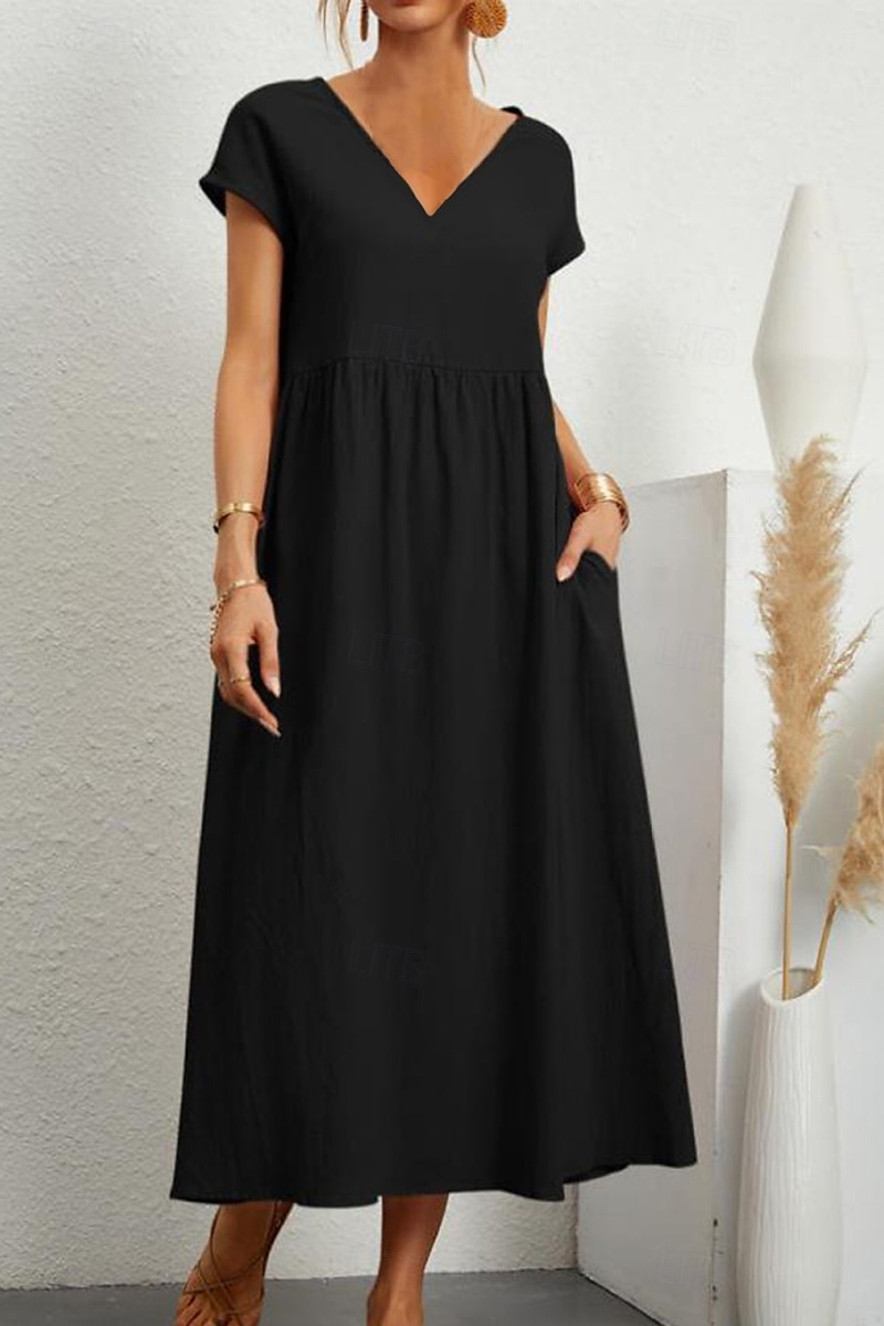 Women's Midi Dress Linen-Inspired Dresses Cotton Linen Dress Basic Classic Modern Vacation Daily Holiday Regular Fit Plain Short Sleeve V Neck Black Light Green Pink Army Green Summer 2025 - $26.99 –P7