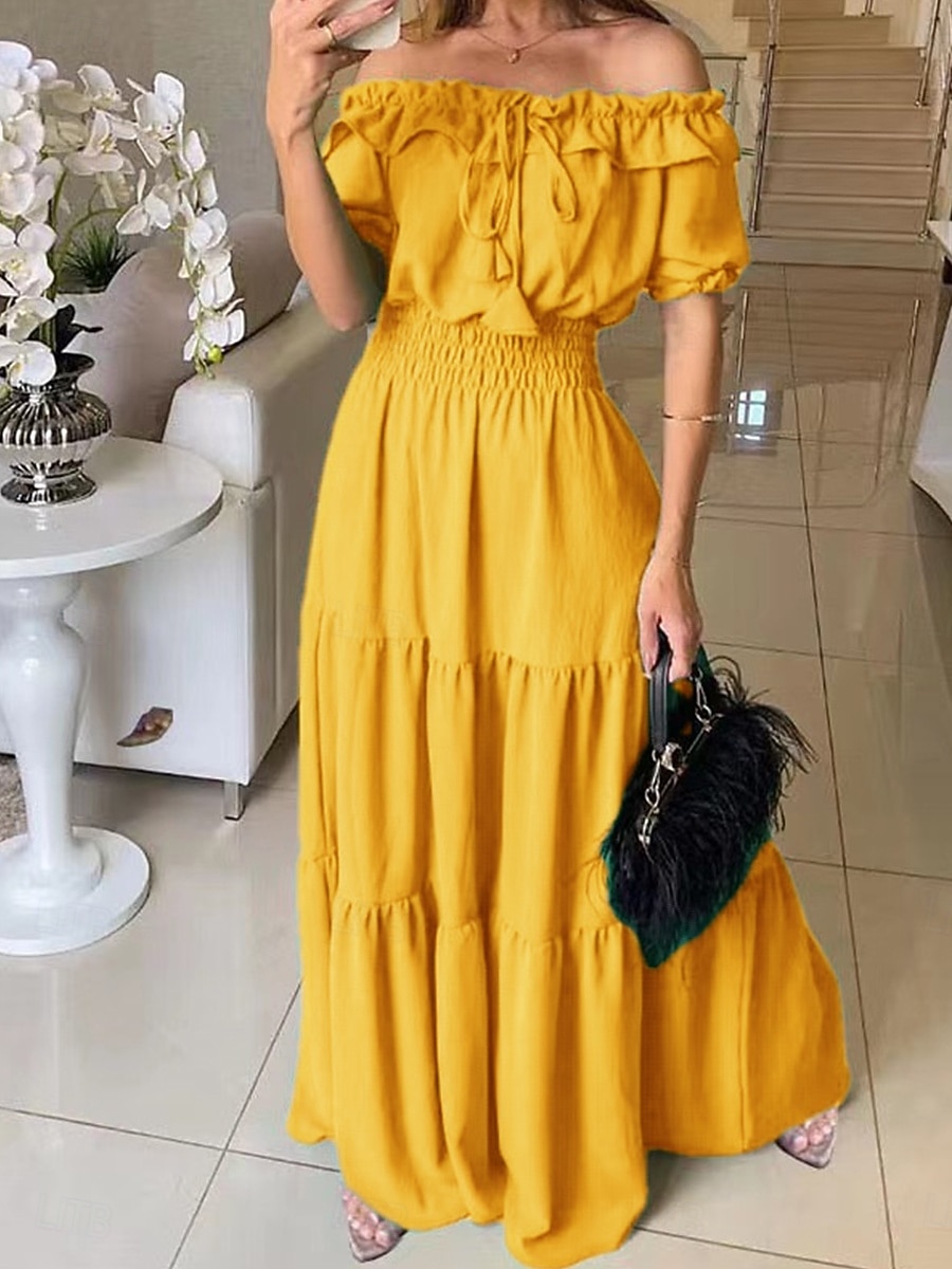 Women's Maxi Dress A Line Dress Milkmaid Dress Off The Shoulder Dress Puff Sleeve Dress Vacation Outdoor Daily Regular Fit Solid Color Short Sleeve Off Shoulder Black Yellow Red 2026 - $32.99 –P6