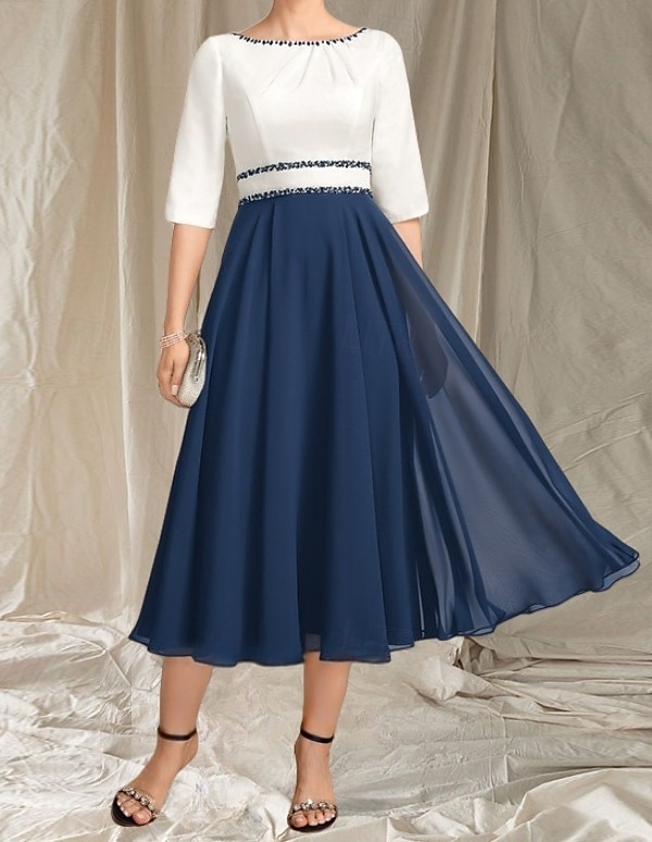 A-Linie Brautmutterkleid Hochzeitsgast Elegantes Rundhals Tee-Länge Chiffon Satin Halbarm mit Perlen Raffung Midi Kleid 2025 2025 - $145.99 –P1