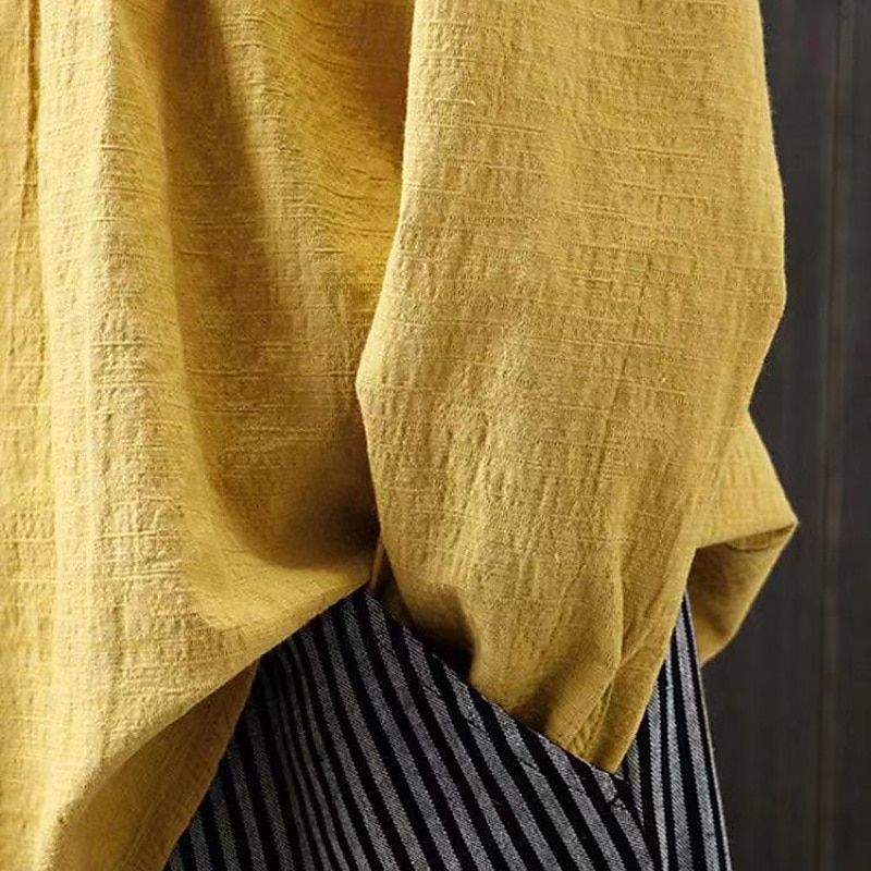 Women's Blouse Faux Cotton Linen Ruched Buttons Plain Modern Casual Long Sleeve Crew Neck Regular Tops Daily Going out White Yellow Pink Navy Blue Summer 2026 - $6.49 –P6