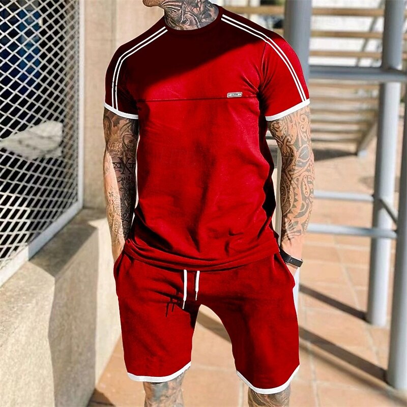 Bărbați Trening Tricou și pantaloni scurți Set de ținute Stil Nautic În aer liber Zilnic Sport Buzunar Cordon Peteci Negru Roșu-aprins Gri Deschis Poliester Îmbrăcăminte de Sport  Șic Stradă Ușor Vară 2025 - $28.99 -P2