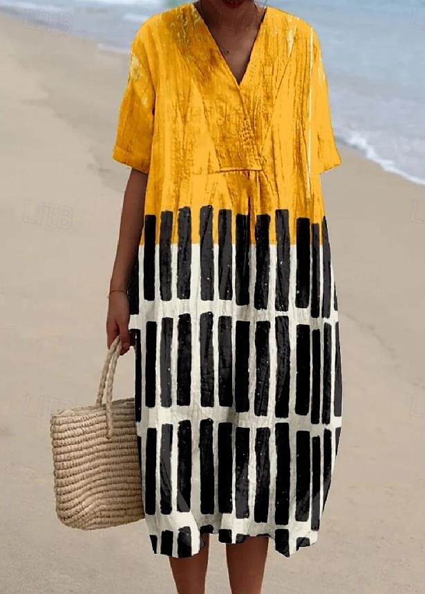 Robe Midi Femme Robe de Plage Robe en A Robe en Lin Vacances Casual Plage lin comme Sortir Ajustement Lâche Graphique Géométrique À Manches Courtes Col en V Jaune Clair Jaune Foncé Jaune Été de 2025 ? $36.99 –P3
