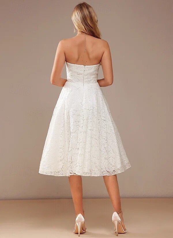 Impegno Piccola Laurea Abiti Bianchi Abiti da Sposa A-Line Cuore Senza Spalline Lunghezza Tè Abiti da Sposa in Pizzo con Pieghe di Colore Solido 2025 del 2025 a $152.99 –P2