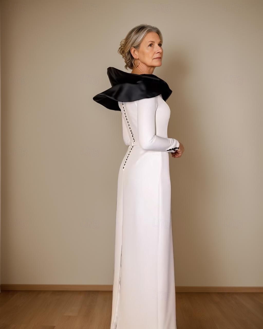 Meerjungfrau/Trompete Smokingkleid für die Mutter der Braut, Derbykleid, elegant, Vintage, schlicht, V-Ausschnitt, bodenlang, Farbblock, Krepp, lange Ärmel, mit Knöpfen, 2025 2025 - $139.99 –P2