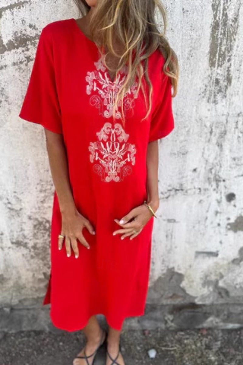 Damen Midikleid Baumwoll-Leinenkleid Mode Basic Täglich Ausgehen Strand Normale Passform Blume Kurzarm V Ausschnitt Weiß Gelb Rosa Wein Sommer 2025 - $24.99 –P3